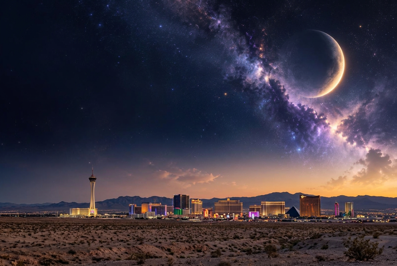 Las Vegas skyline under a crescent moon